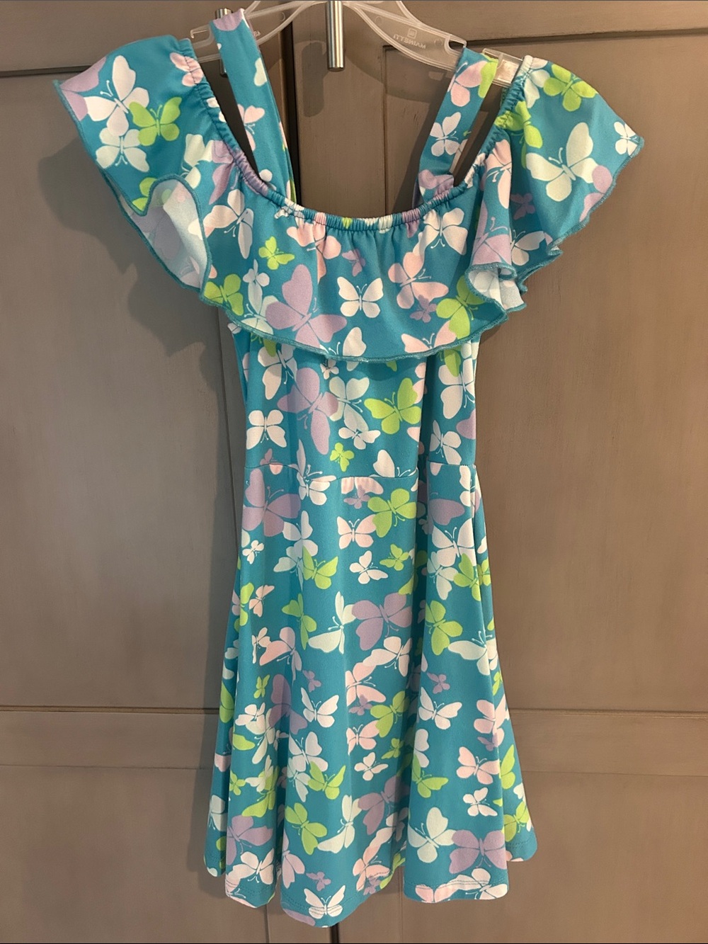 Girls Blue Floral Ruffle Off-Shoulder Dress